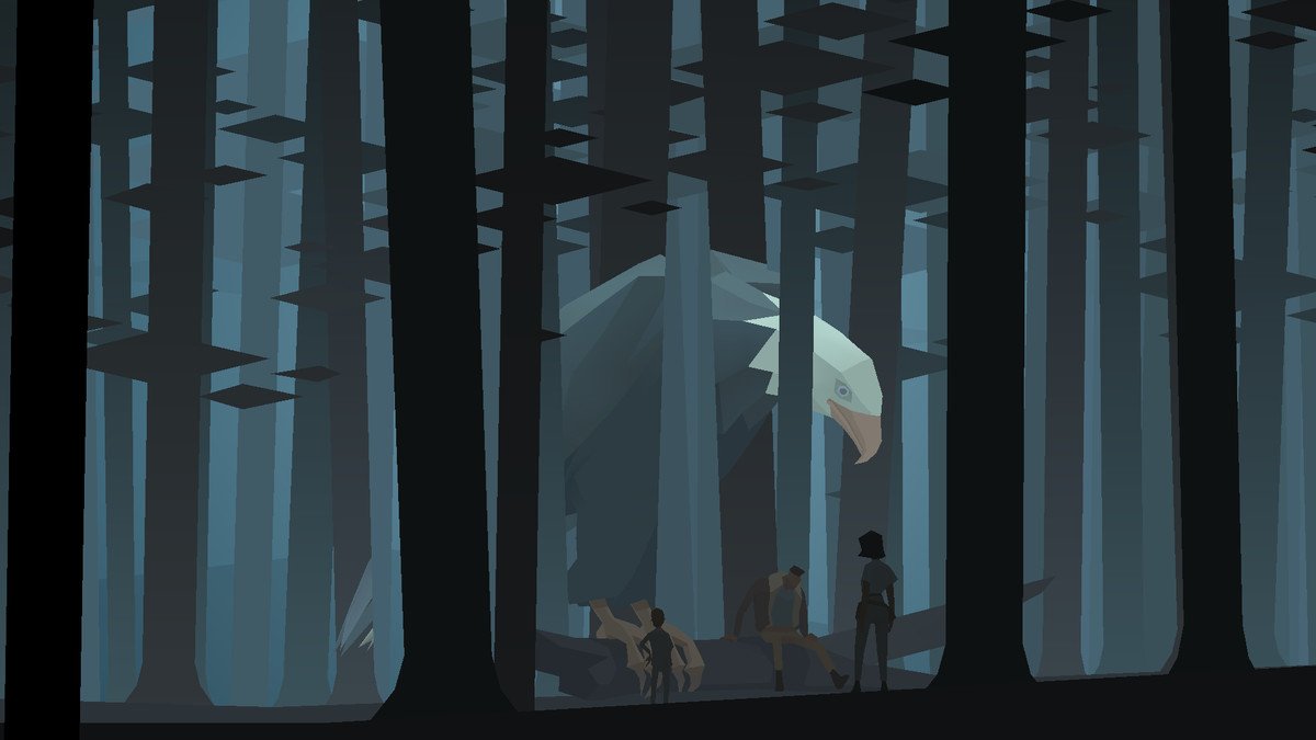 a giant bald eagle perched on a fallen log in a forest with a few people around it in Kentucky Route Zero