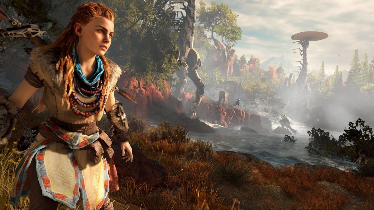 Horizon Zero Dawn - Aloy with Tallnecks in the background