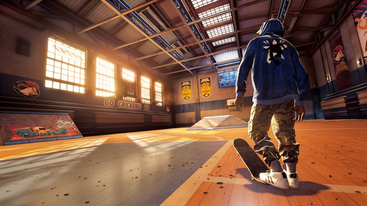 A skater gets ready to explore a gym