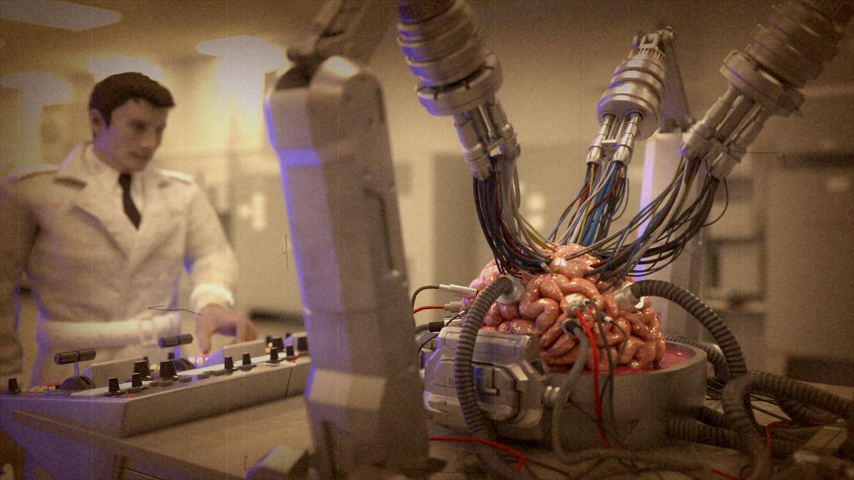 A computer-rendered image of a disembodied brain hooked up to a series of wires and tubes, with a white-coated man at a dashboard of switches and dials out of focus in the background