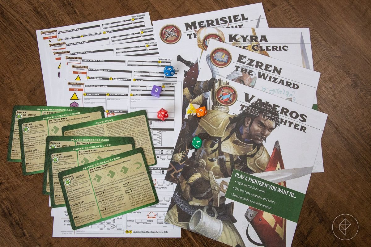 A selection of blank starter sheets and pre-generated characters. A set of colorful dice sits on top of the stack.