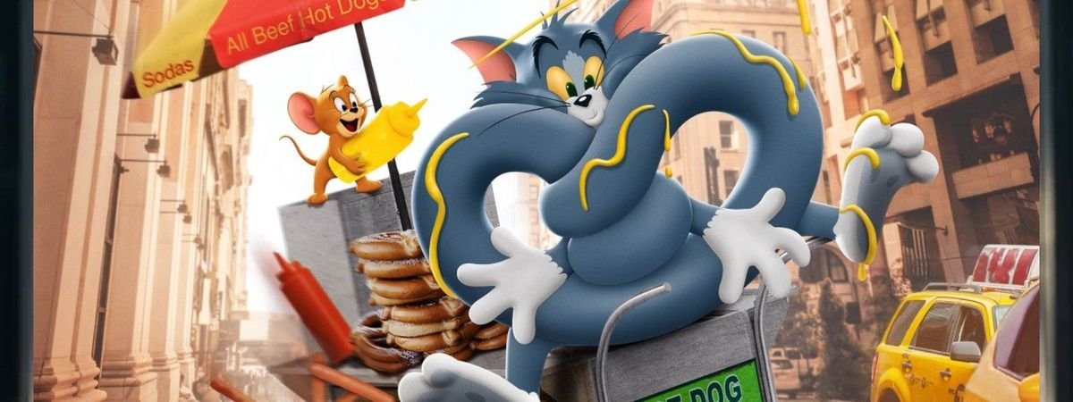 Tom, perched on a New York City hot-dog cart, is tied into a pretzel shape with Jerry squirting mustard on him in Tom & Jerry
