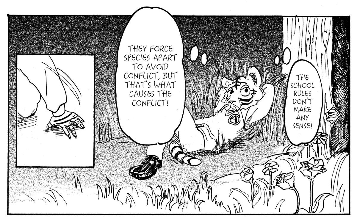 A young lion lays on the grass wondering about his school and the divide between his classmates