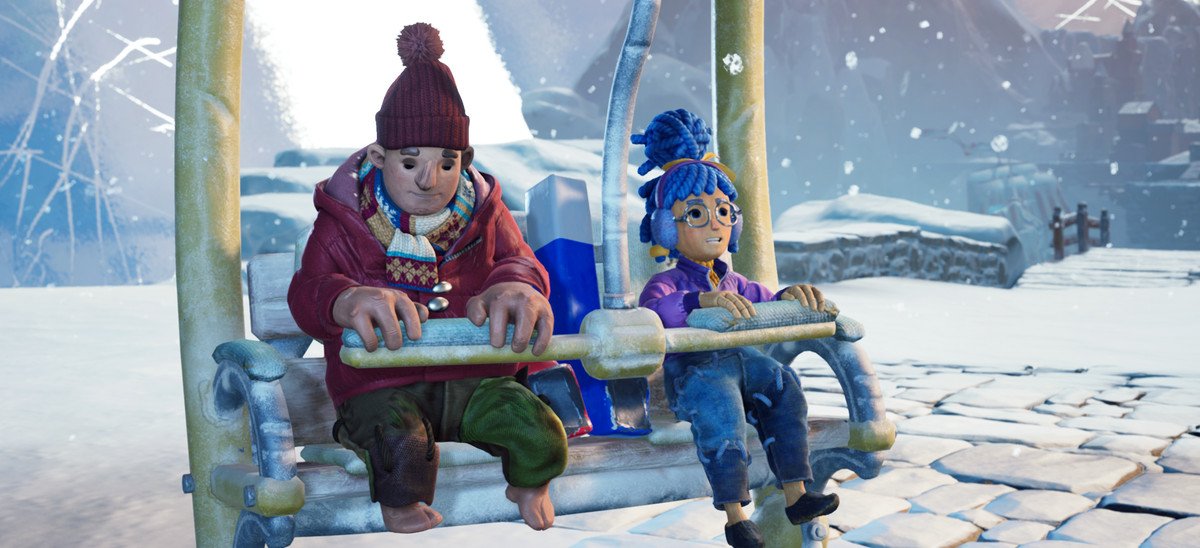 A troubled couple sit uncomfortably in a gondola lift in It Takes Two.