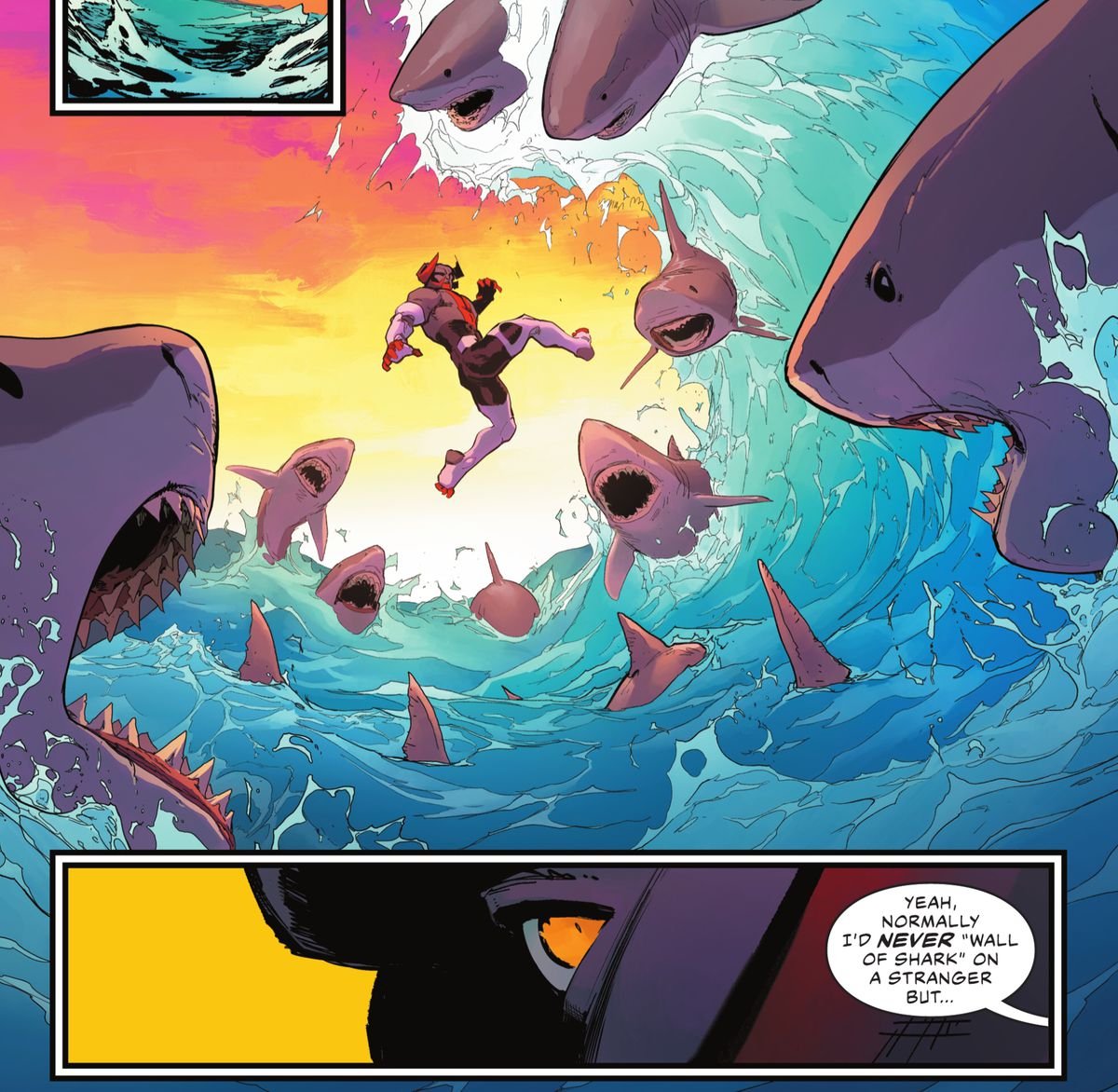 A horned bad guy looks up in alarm as he realizes a giant wave is about to crash on him, and that wave is full of sharks. “Yeah, normally I’d never ‘wall of shark’ on a stranger but...” says Aquaman, in Justice League #59, DC Comics (2021). 