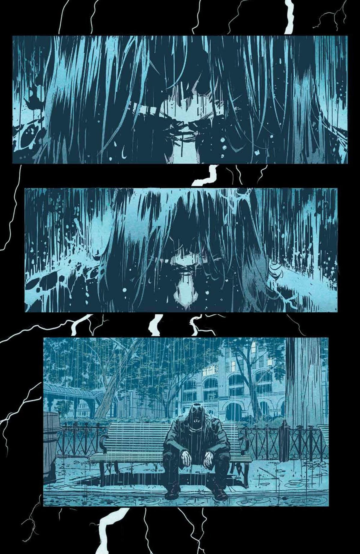 Sad Keanu on a bench in the rain.