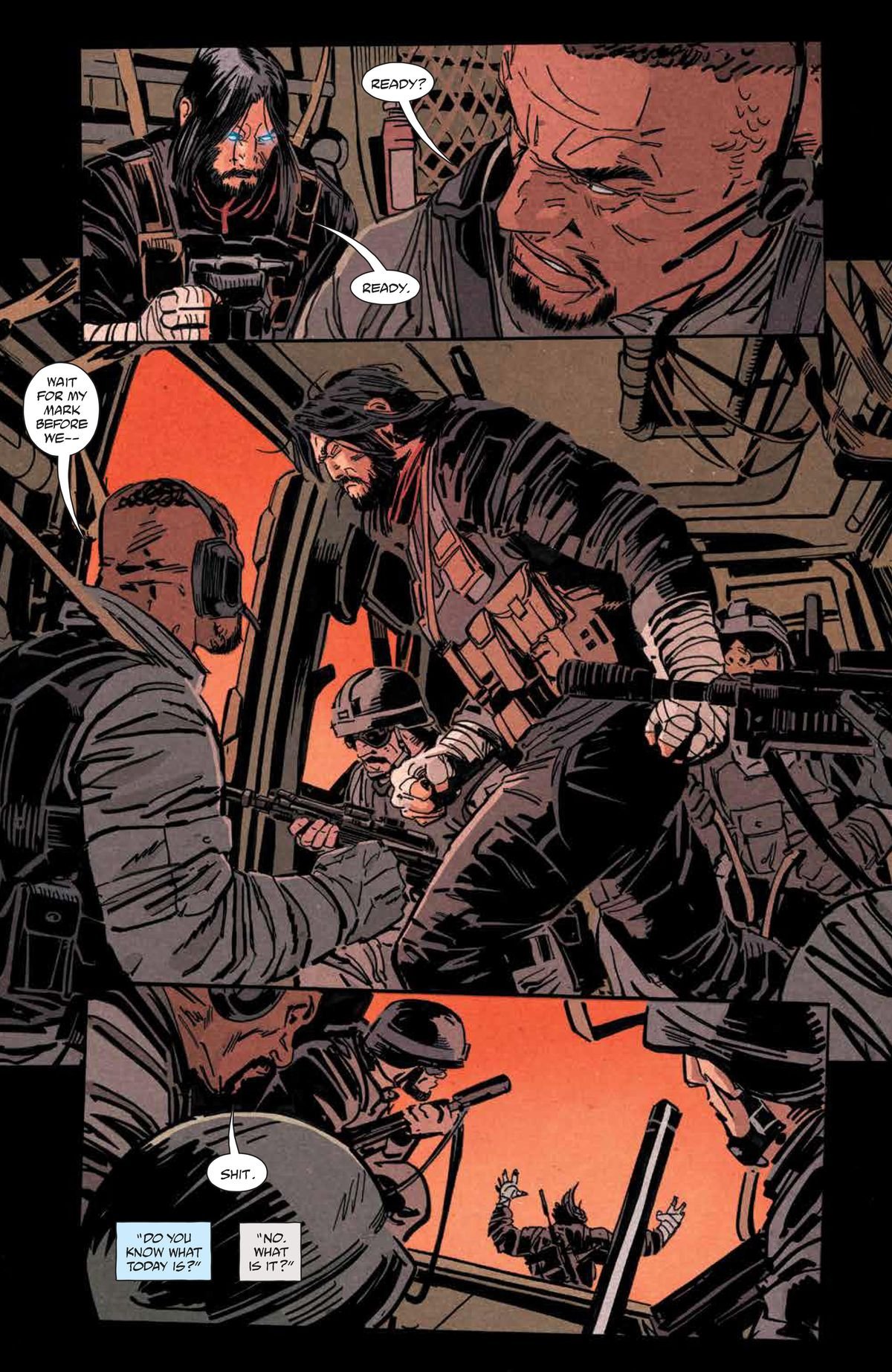 Keanu walks out of a helicopter.