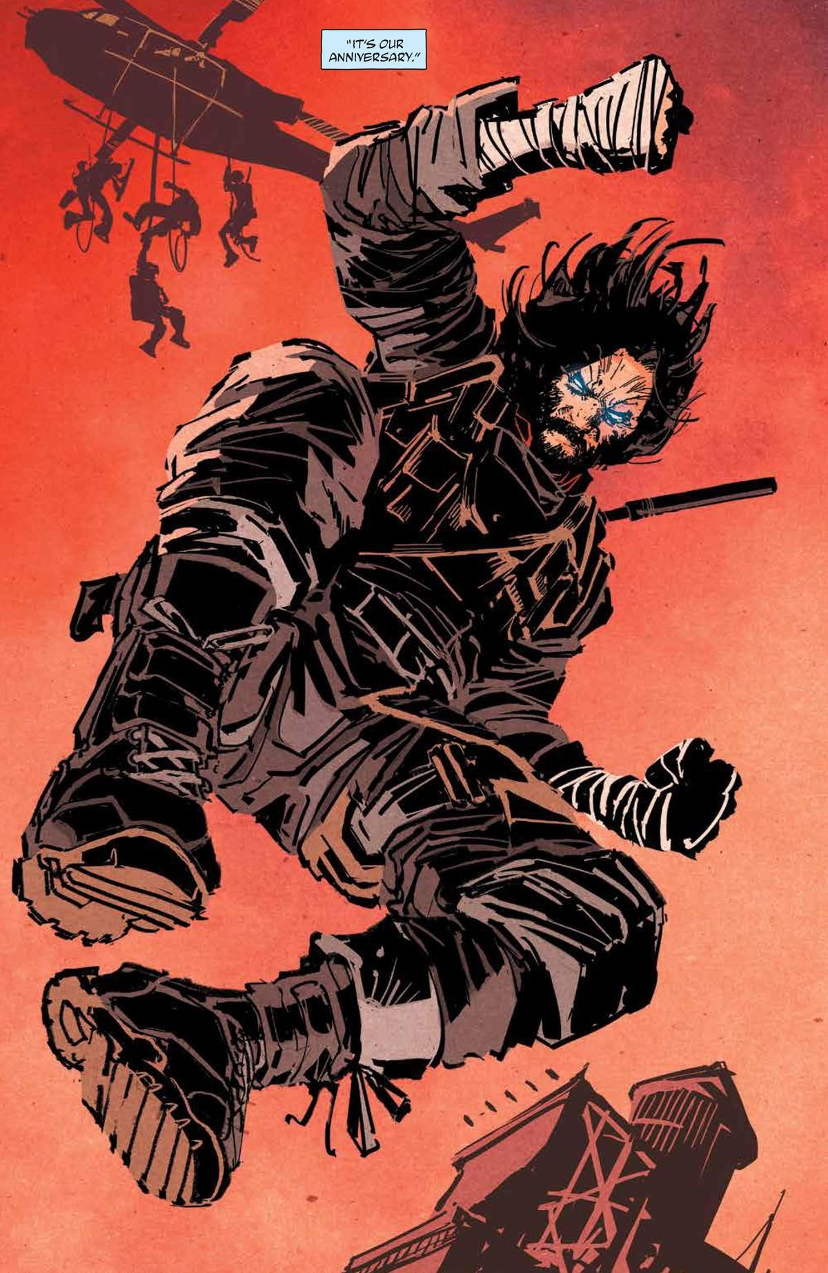 Keanu falling. His eyes are blue, his hands wrapped in tape.