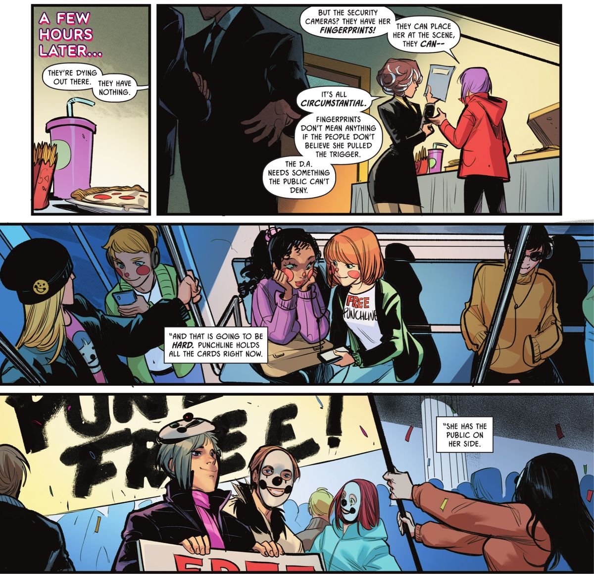 Leslie Tompkins and Harper Row discuss Punchline’s court case. The prosecution is floundering and “she has the public on her side,” in The Joker #1, DC Comics (2021).