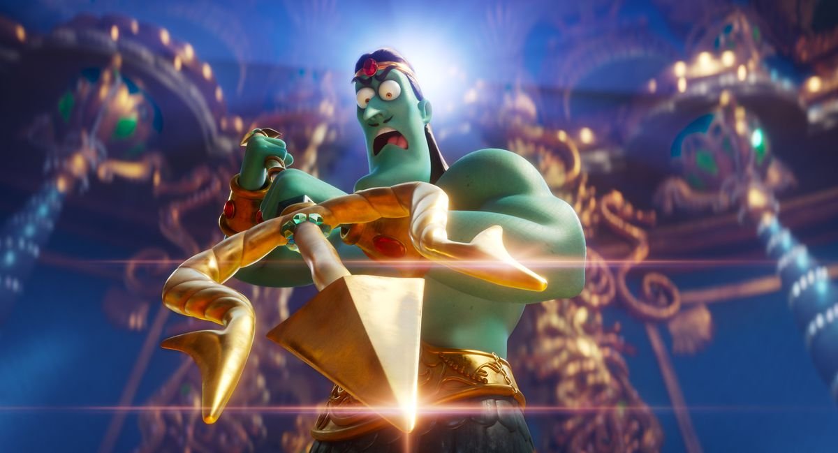 A green-skinned, shirtless Poseidon brandishes a gleaming trident in Sponge on the Run.