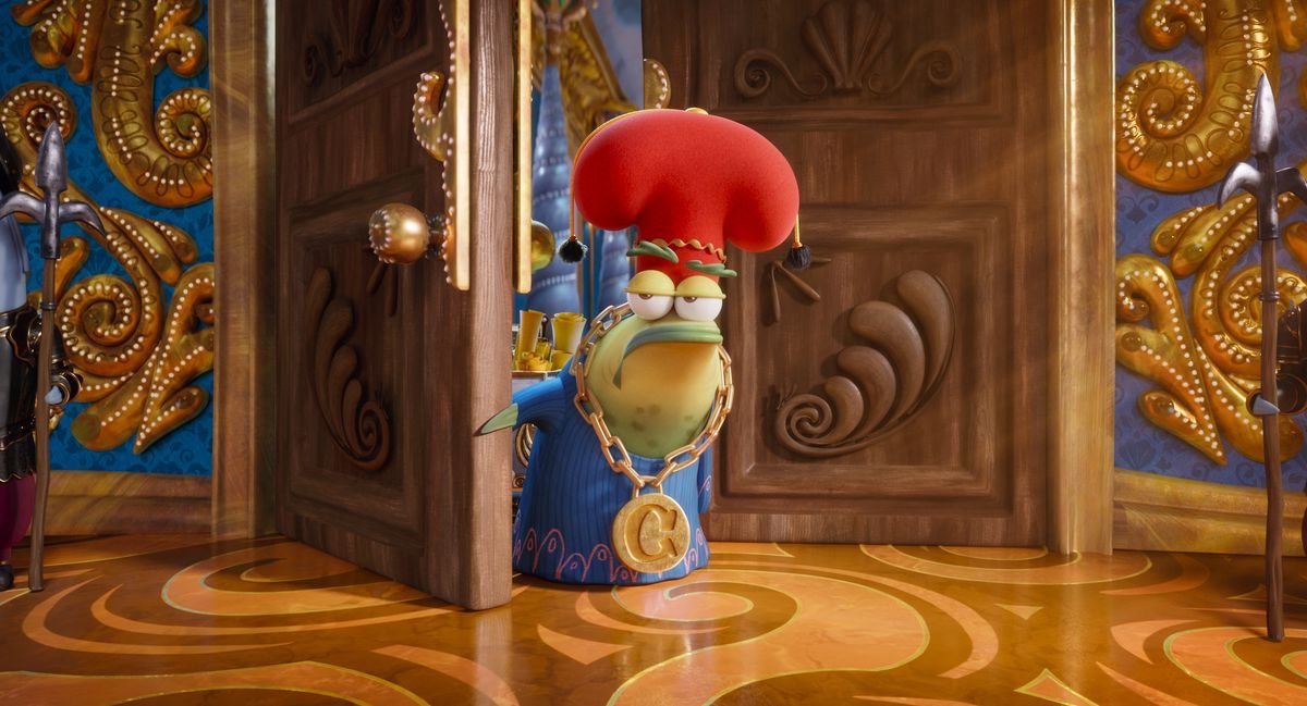 A froglike chancellor in a poofy red hat, blue robe, and a giant medallion stands in front of a fancy door in Sponge on the Run.