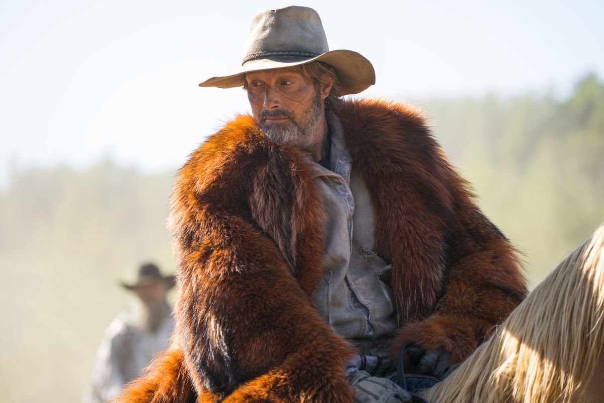 Mads Mikkelsen as a fur coat-wearing, horse-riding Mayor in Chaos Walking