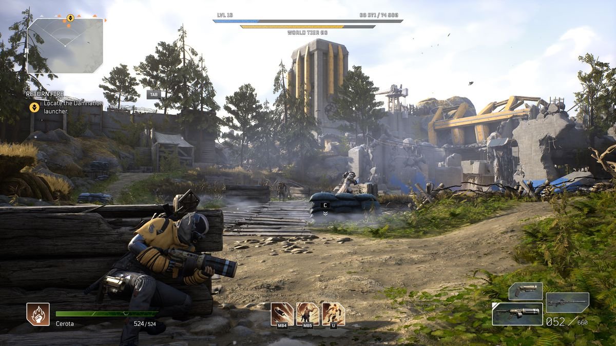 The Outriders player character crouches behind cover