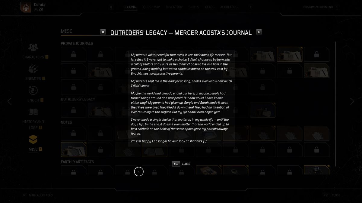 One of the journal entries in Outriders