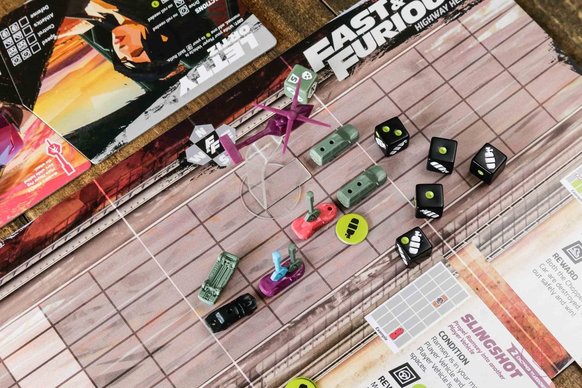 A helicopter looms overhead in a game of Fast & Furious: Highway Heist.