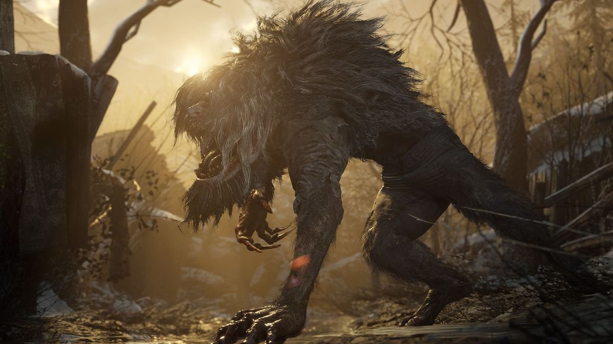 A werewolf-like beast prowls around a wooded area at sunset in Resident Evil Village