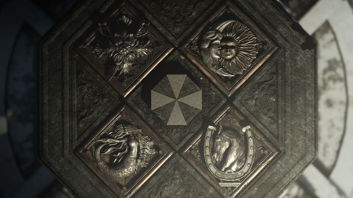 The Umbrella insignia surrounded by multiple crests in Resident Evil Village