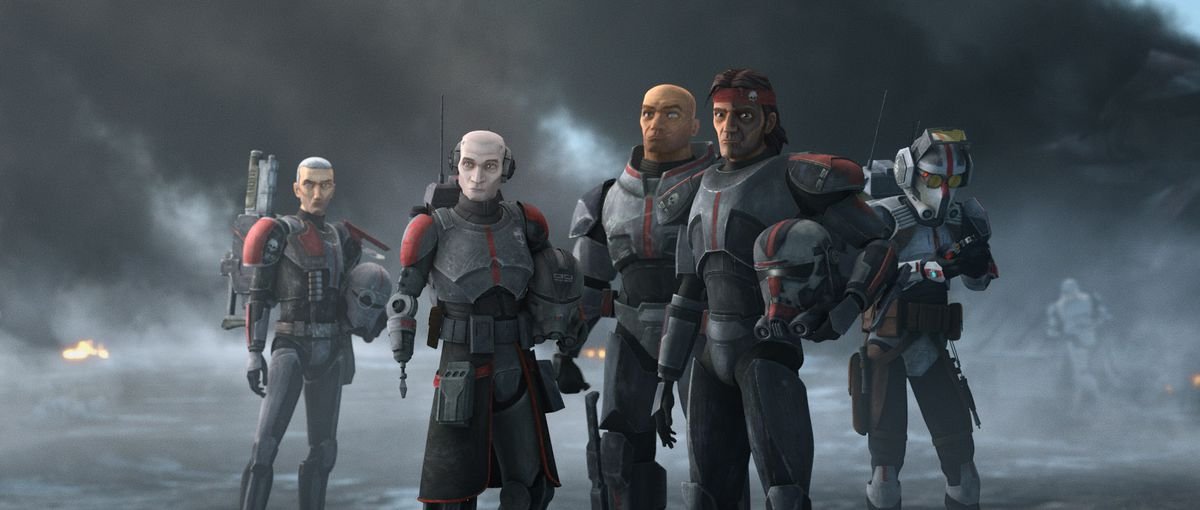 The five members of Clone Force 99 stand together in a grey, foggy background in The Bad Batch
