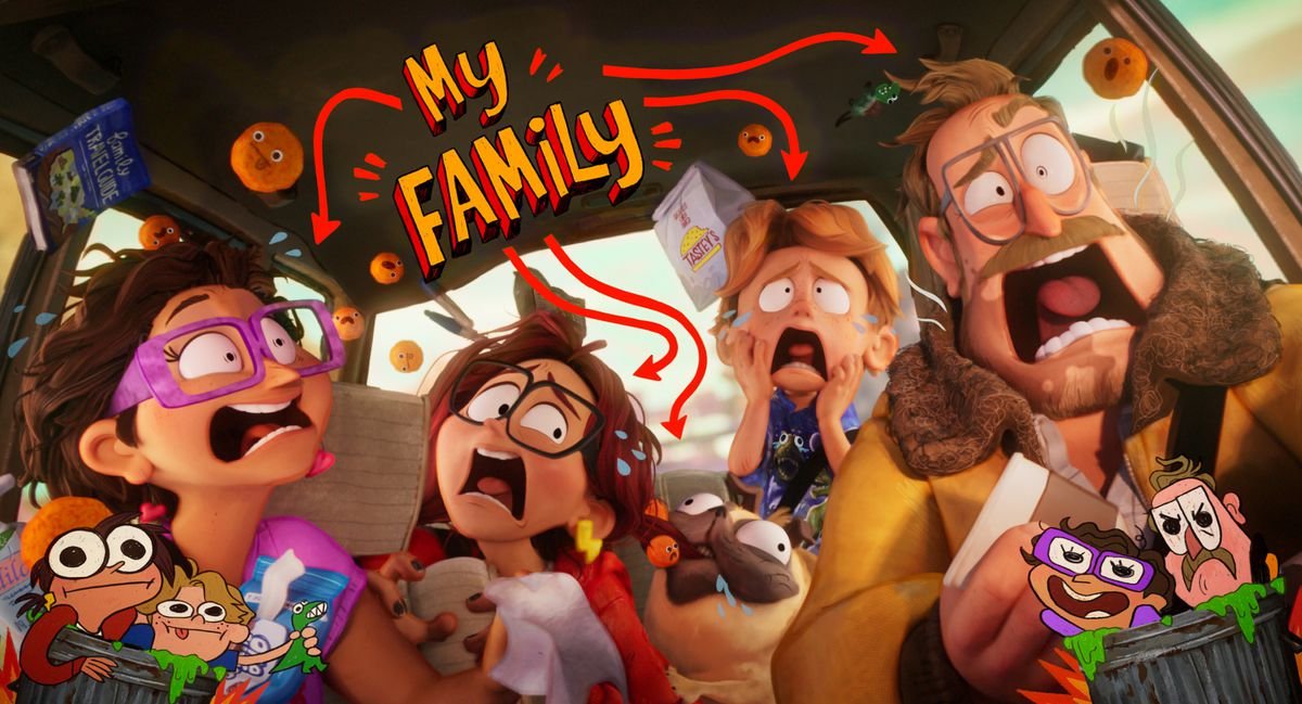 the mitchells screaming in a car, with doodled words around them