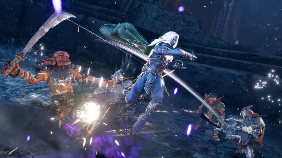 Drizzt spins around, attacking enemies in Dungeons & Dragons: Dark Alliance