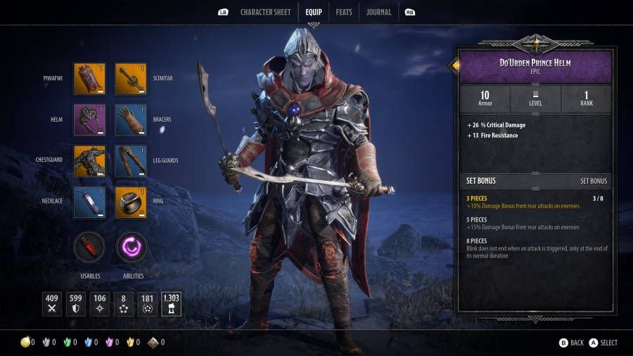 The character equipment screen in Dungeons & Dragons: Dark Alliance