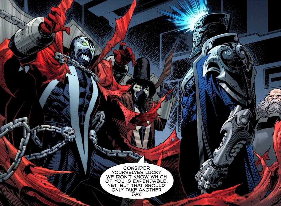 The Disruptor threatens Spawn, Gunsligher, and Sinn in Spawn’s Universe #1 (2021). 