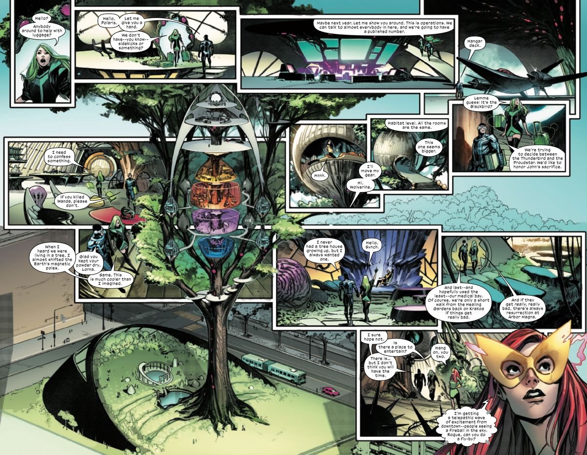 A complicated double page spread walks the reader through Polaris’ arrival at the X-Men’s Manhattan treehouse at Seneca Gardens in X-Men #1 (2021). 