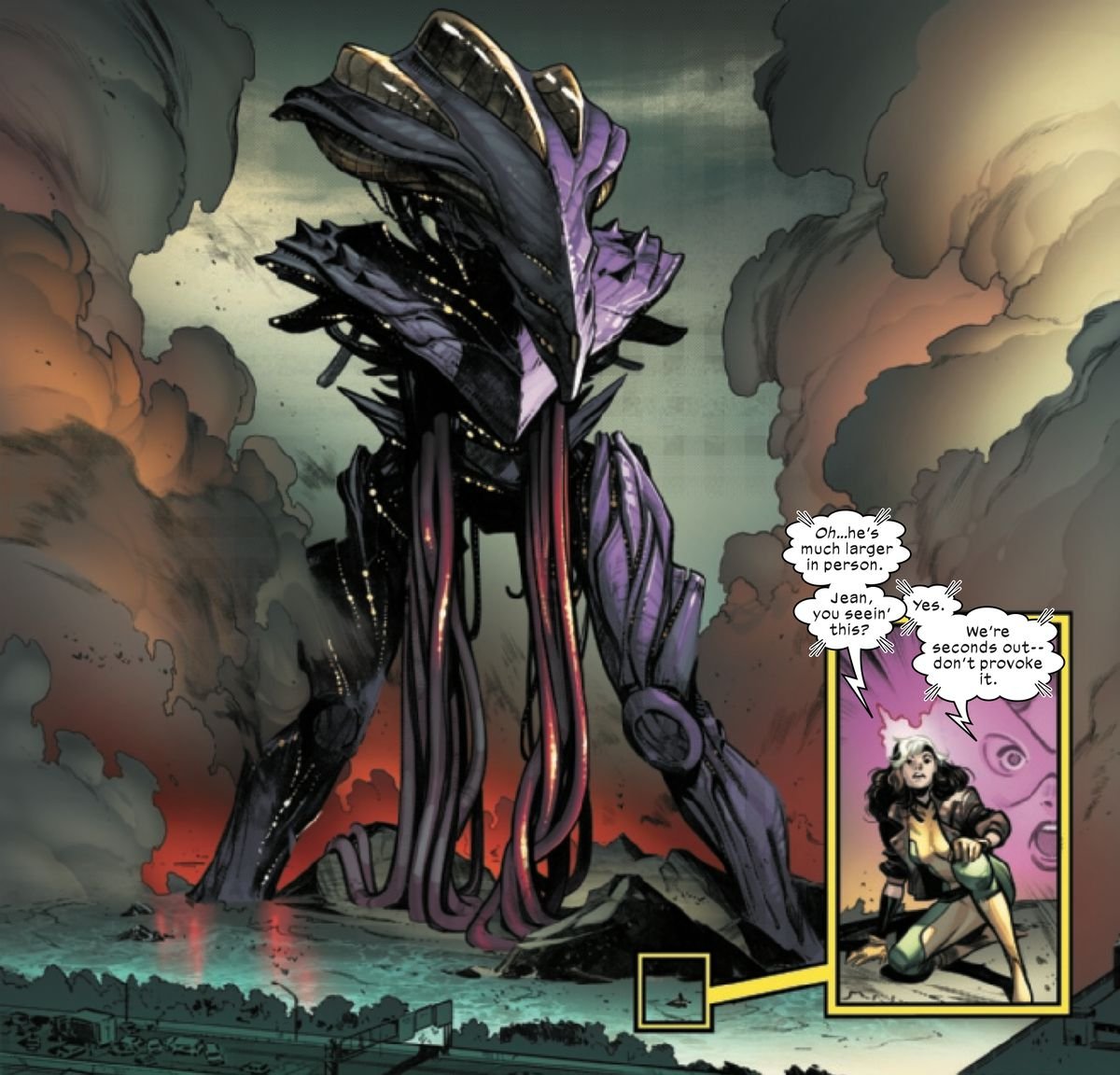 Rogue is a tiny figure, magnified in an inset panel, in front a huge, armored and tentacled monster that towers over a New York highway in X-Men #1 (2021). 