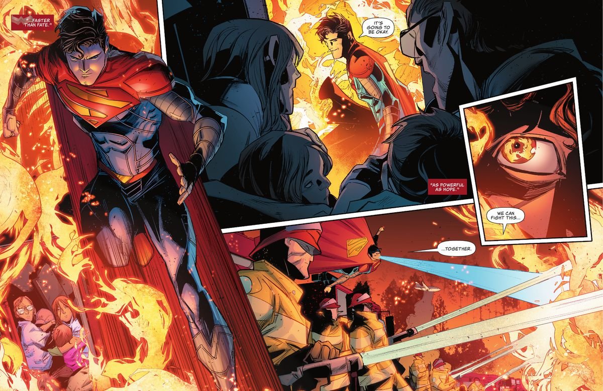 “it’s going to be okay,” Jon Kent/Superman says as he swoops down to a family huddling away from a huge forest fire, “We can fight this together,” in Superman: Son of Kal-El #1 (2021).