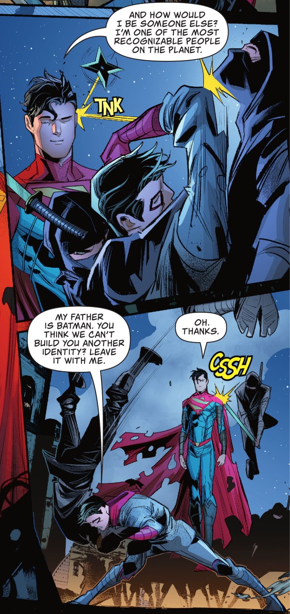 Jon Kent/Superman talks with Damian Wayne/Robin as ninja weapons bounce harmlessly off of him in Superman: Son of Kal-El #1 (2021).