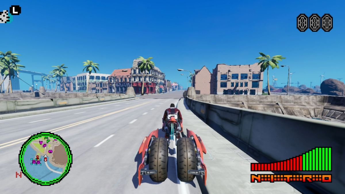 Travis rides a motorcycle through the barren streets of Santa Destroy in No More Heroes 3