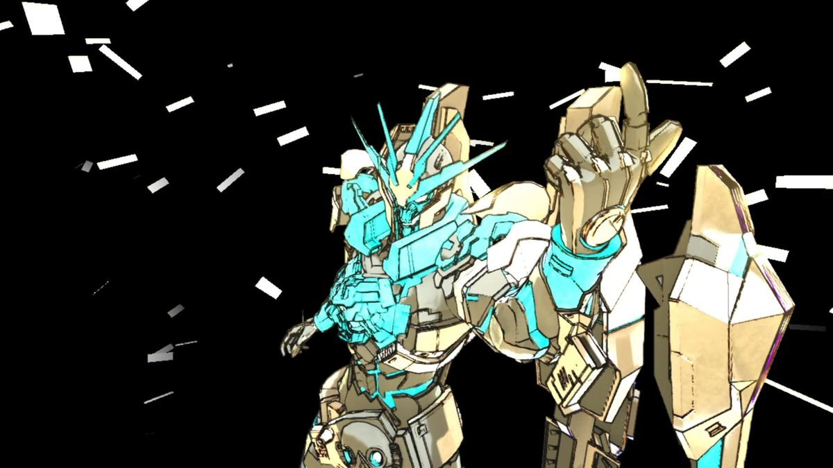 A robot enemy gestures to the camera in No More Heroes 3