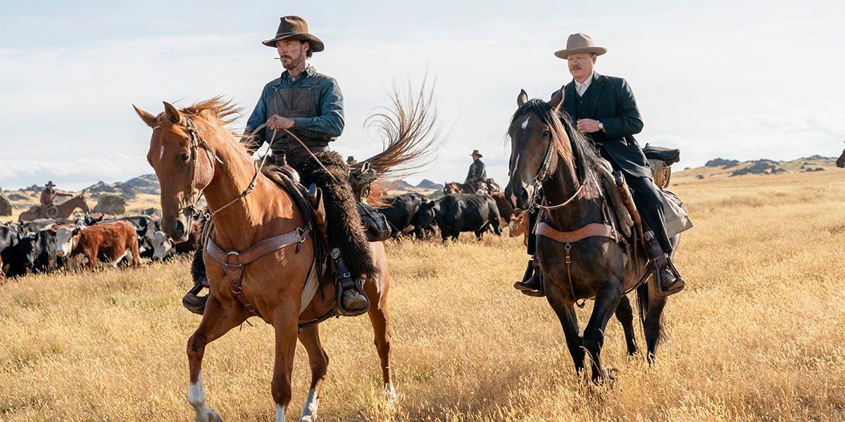 Benedict Cumberbatch and Jesse Plemons on horses in The Power of the Dog