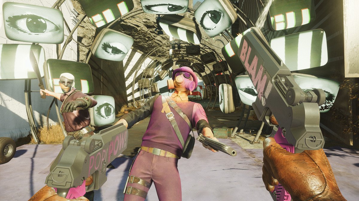Colorful masked enemies face off against Colt in front of a tunnel of TVs displaying eyes