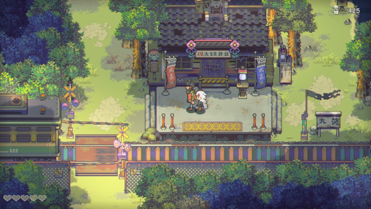 Eastward- The player controls a pixellated sprite in a lush forest, and approaches a train station in the middle of a lush and verdant forest.