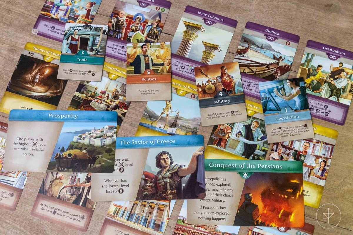 Cards from Khora come in different sizes. There’s tiles as well. They have a painterly art style.