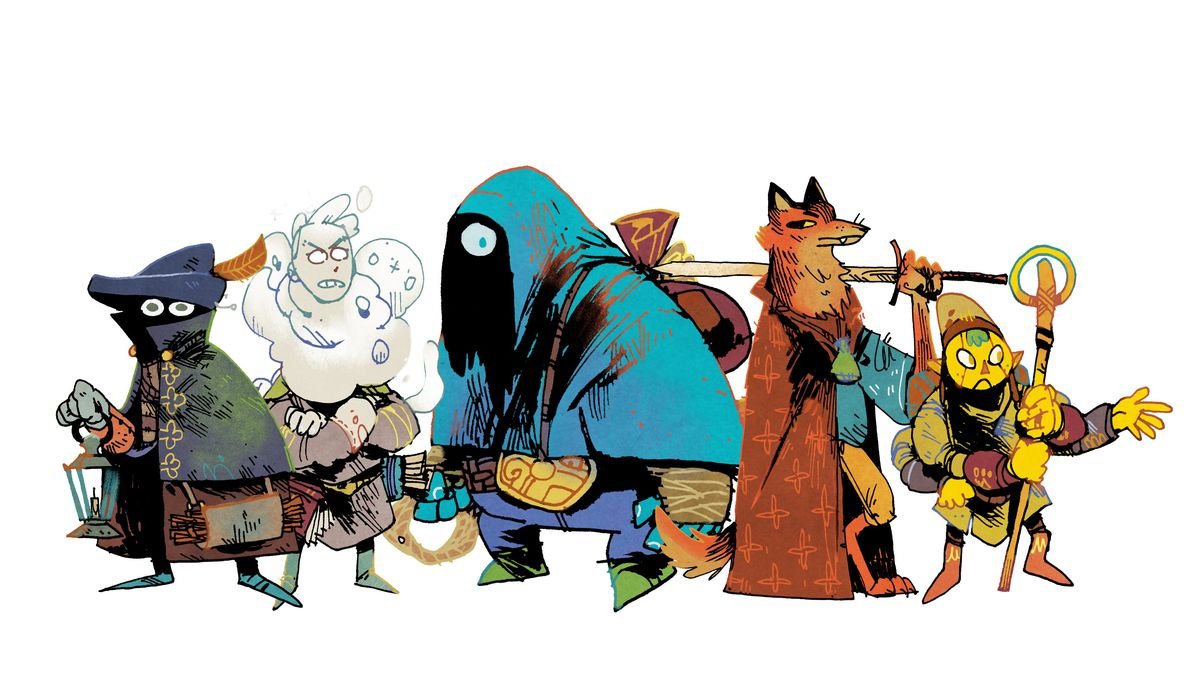 A caped humanoid with a shadowed face, a billious, angry character, and an armed fox among other fanciful creatures.