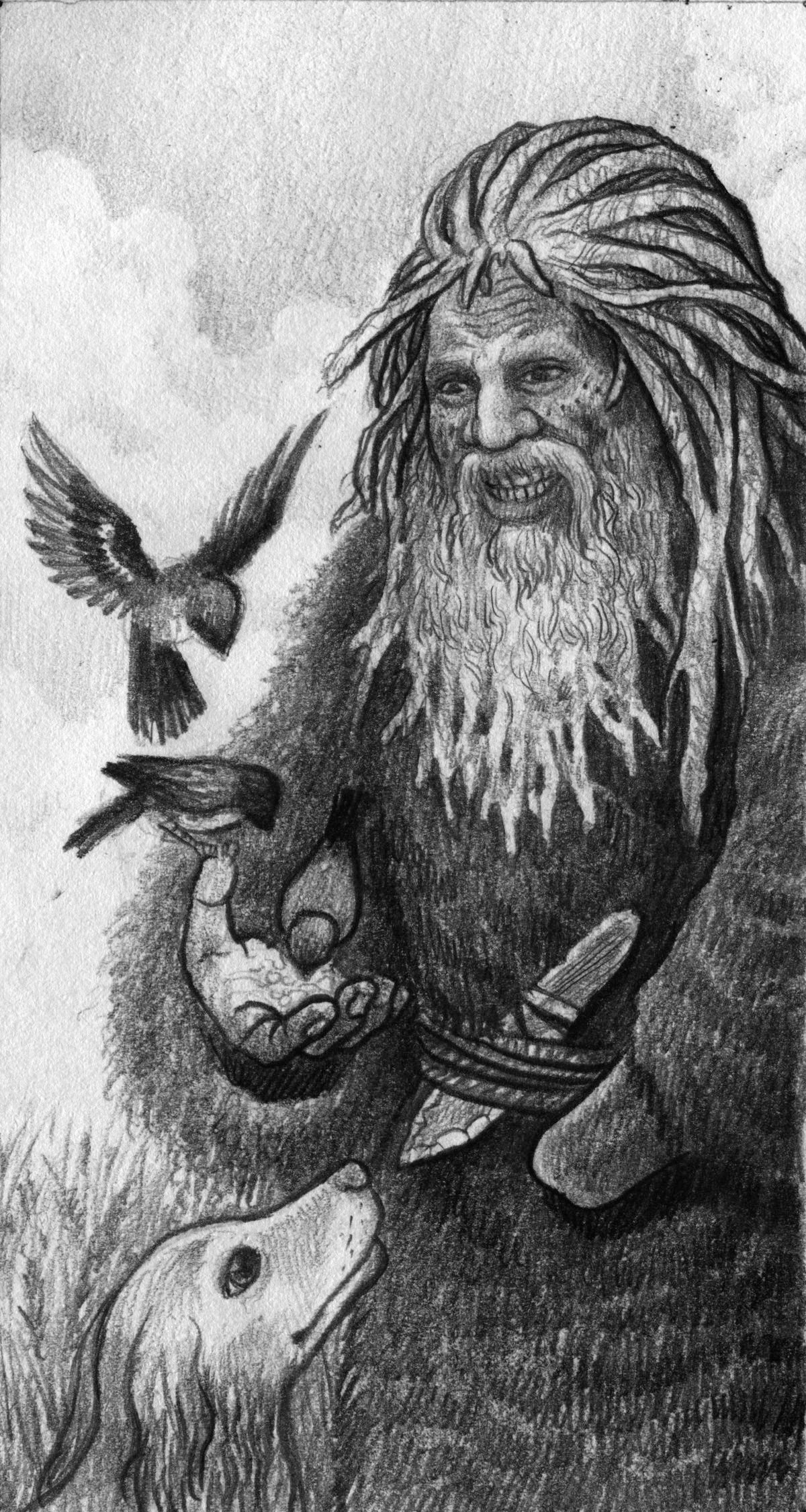 A Black man with graying dreadlocks and a missing hand feeds birds.