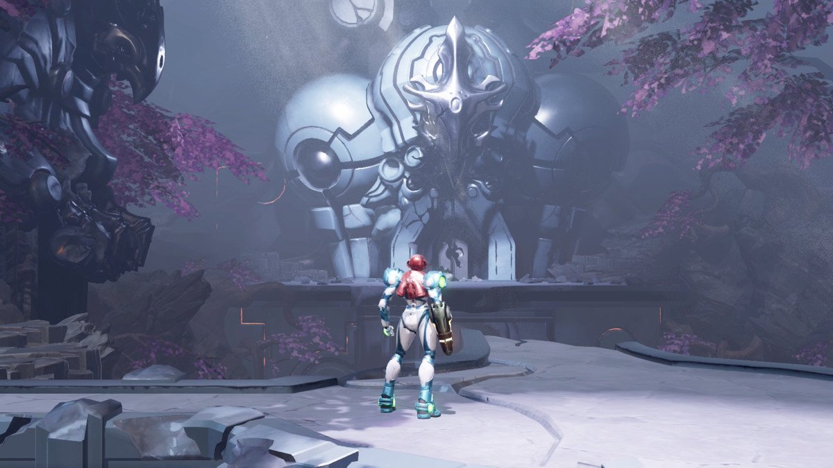 Samus examines one of the more natural-looking Metroid Dread environments