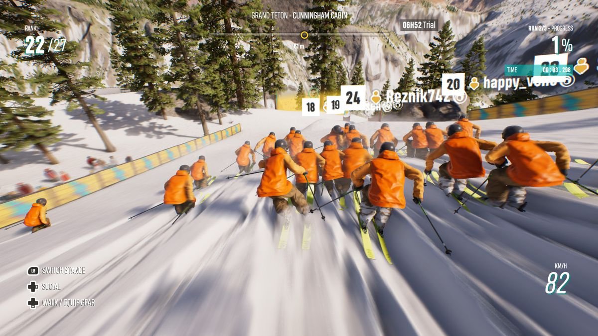 27 skiers zip down a crowded, snow-covered slope in Riders Republic.