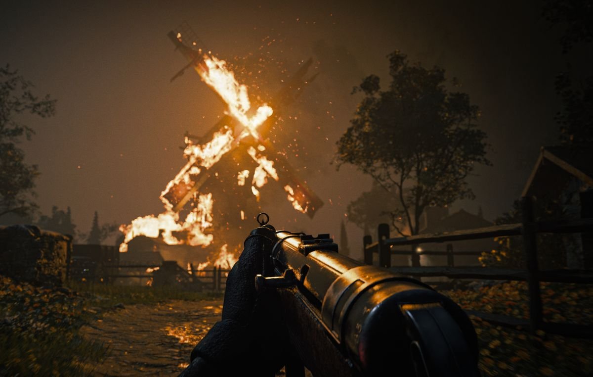 The player character comes across a bombed-out windmill