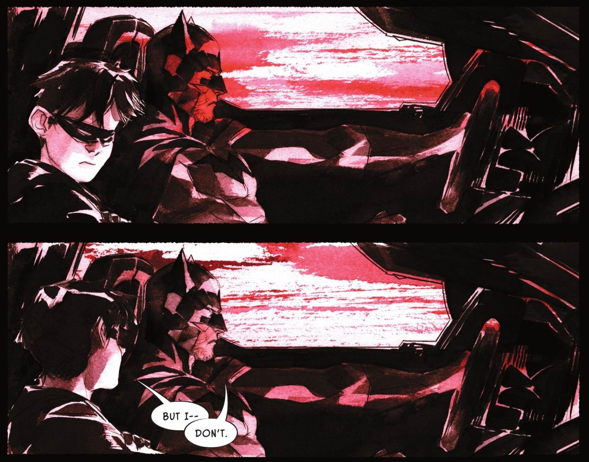 Batman and a sullen Robin sit in a speeding Batmobile. “But I—” Robin says before Batman interrupts him. “Don’t.” in Robin & Batman #1 (2021). 