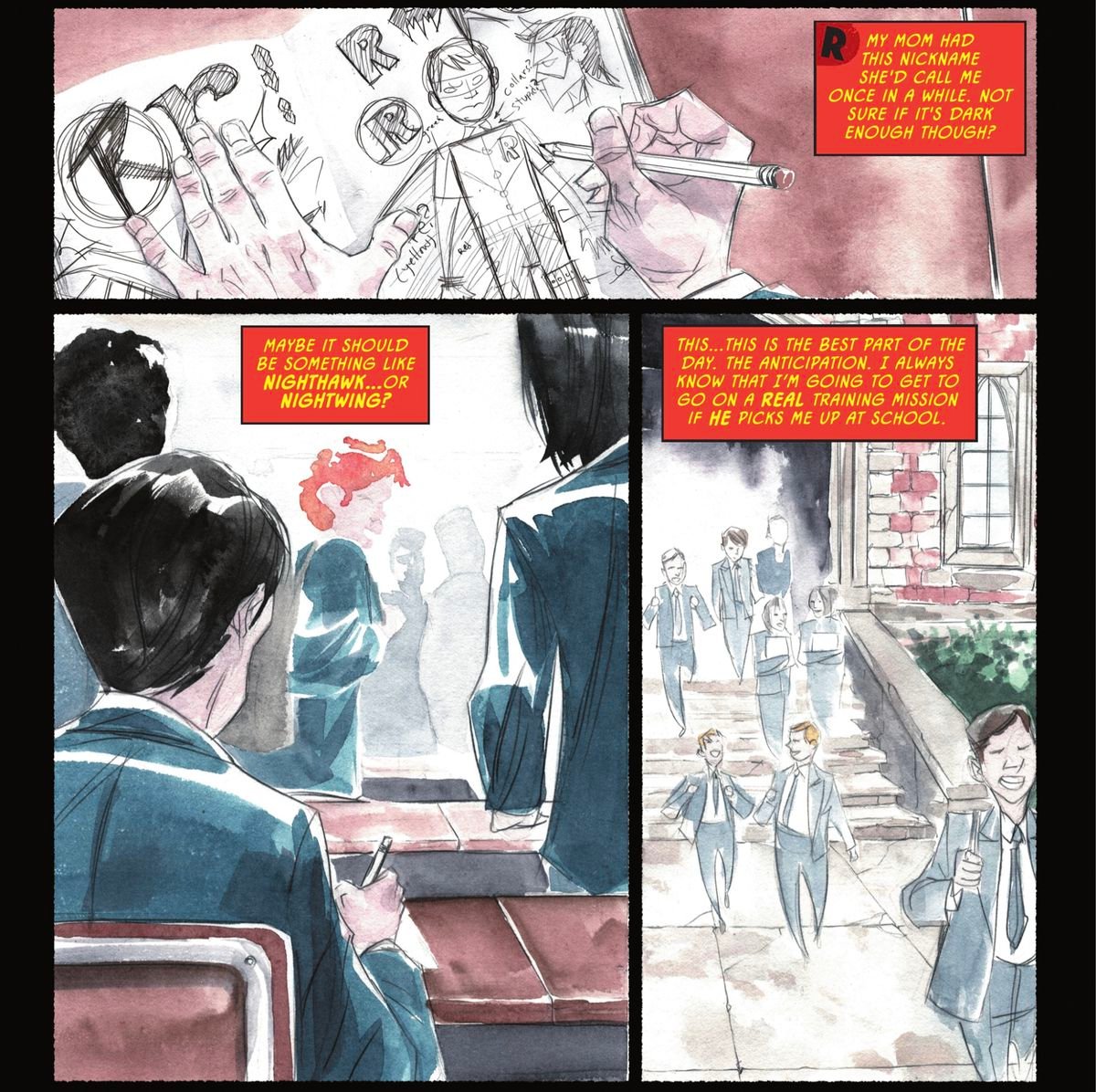 Dick Grayson designs elements of a Robin costume in his journal as he muses “My mom had this nickname she’d call me once in a while. Not sure if it’s dark enough?” in Robin & Batman #1 (2021).
