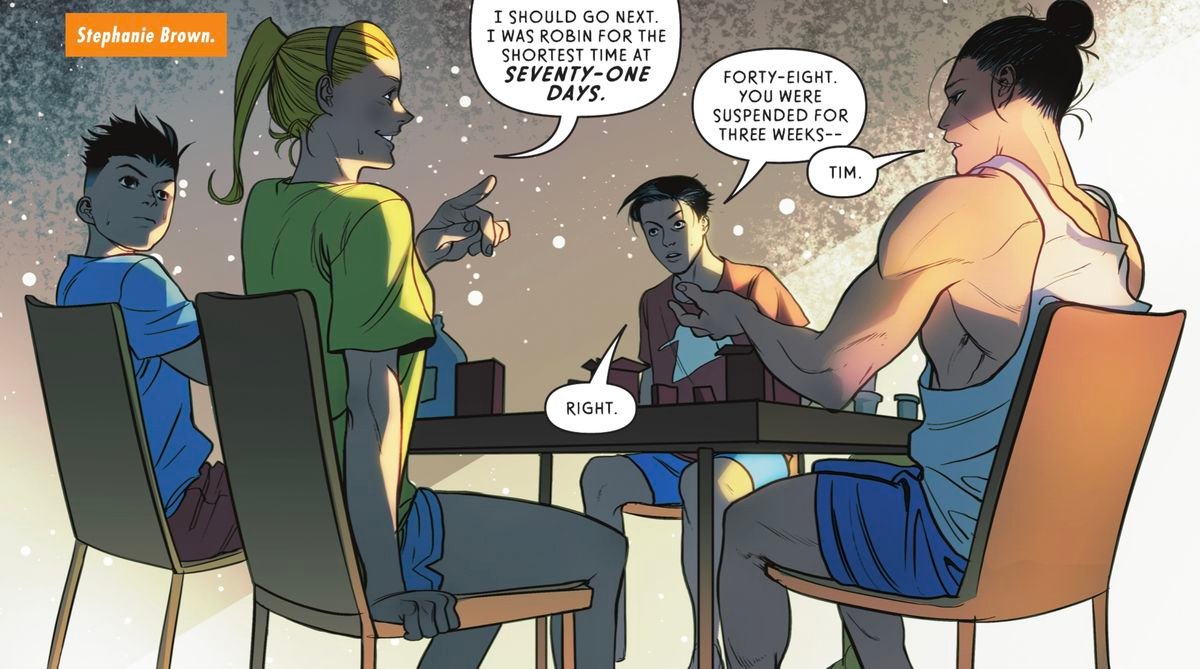 Four Robins, Stephanie Brown, Tim Drake, Damian Wayne, and Dick Grayson sit sweating around a table in gym-wear. “I should go next,” Stephanie says, “I was Robin for the shortest time at 71 days.” “48,” Tim says. “You were suspended for three weeks,” in Robins #1 (2021). 