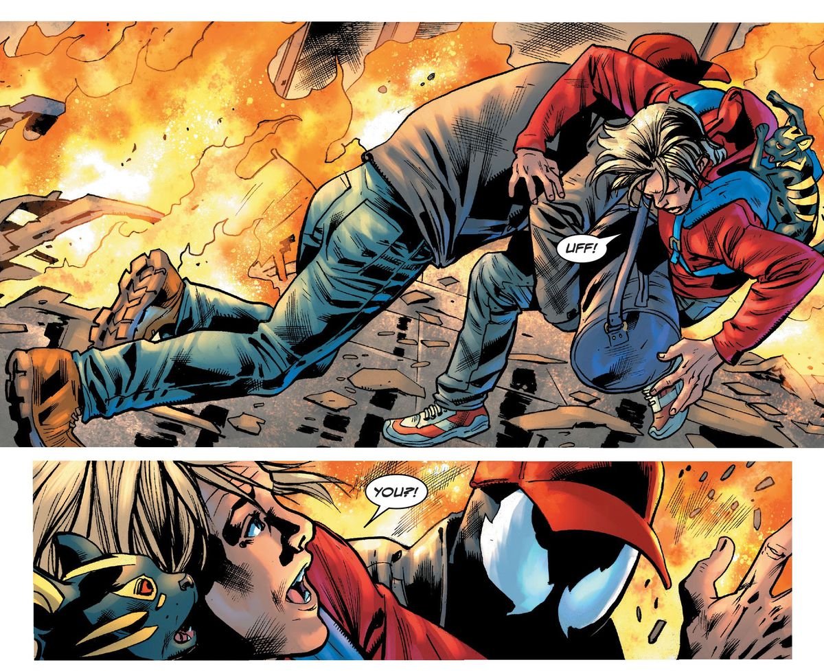 The Venom symbiote catches Dylan Brock and Sleeper the symbiote cat, saving them from an explosion. The Symbiote is roughly human shape but and is wearing a full set of men’s clothing including a red baseball cap in Venom #1 (2021).