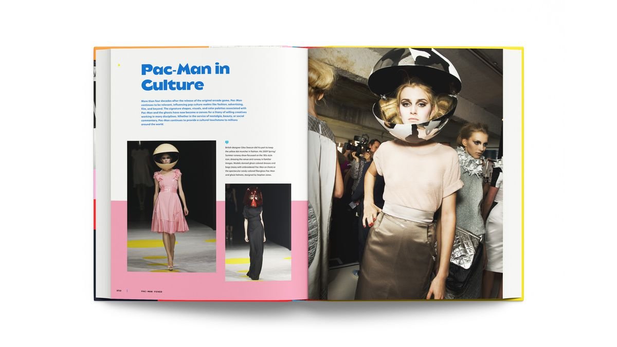 A picture of a Pac-Man inspired fashion show inside the book Pac-Man: Birth of an Icon