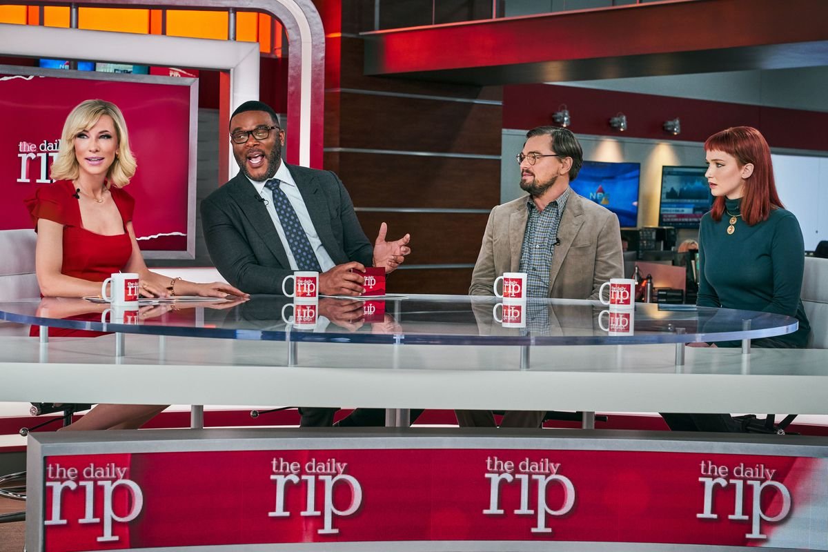 Astronomers Dr. Randall Mindy and Kate Dibiasky sit in on a morning show called The Daily Rip, hosted by Cate Blanchett and Tyler Perry, in Netflix’s Don’t Look Up.