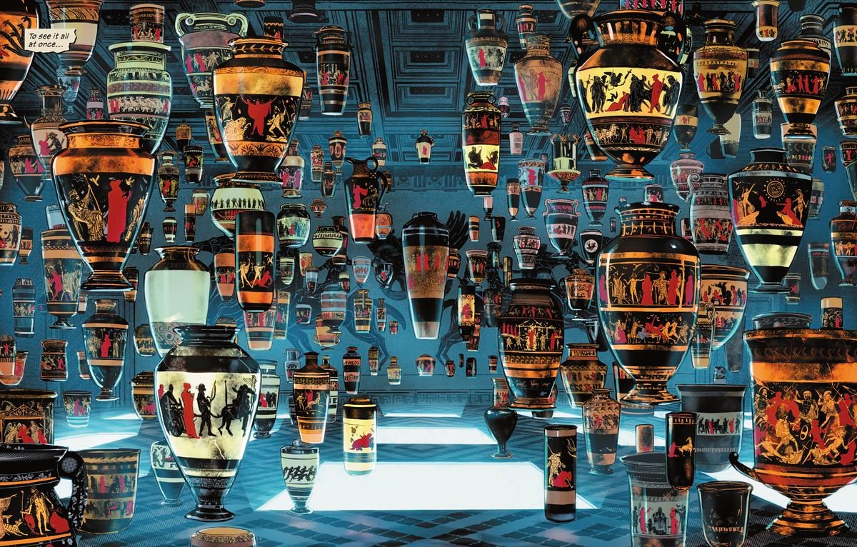 More than a hundred urns hang suspended eerily in a marble hall, each depicting acts of “the subjugations and abuses of not-men by men” in Wonder Woman Historia: The Amazons #1 (2021).
