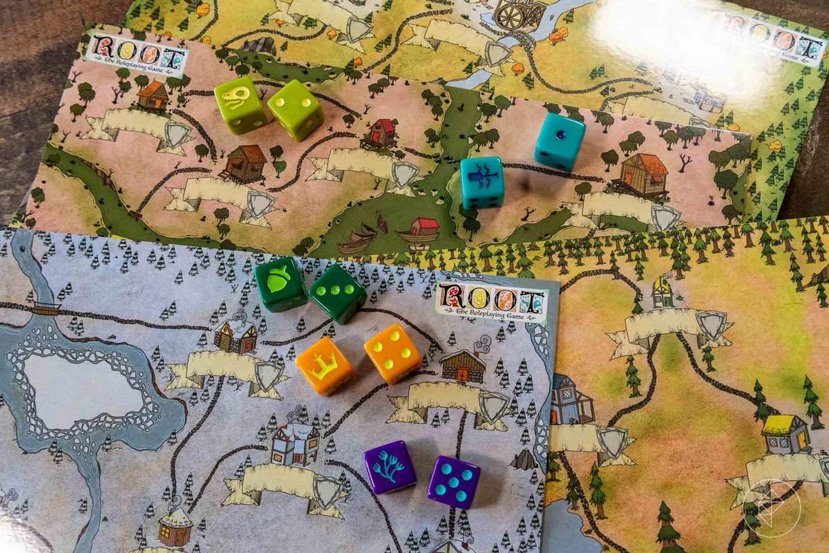 A snowy and a wet, swampy map join a wooded map and a plains map. Colorful dice dot the landscape.