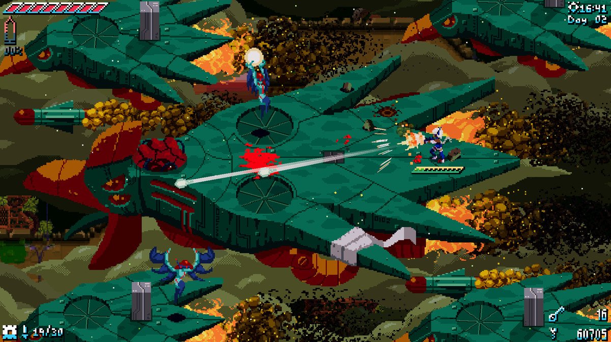 The protagonist battles atop a flying platform in Unsighted